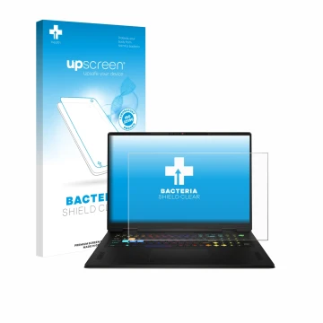 Face avant d’un emballage produit avec le logo de la marque upscreen. À côté, l’appareil MSI Vector A18 HX 2025 est représenté