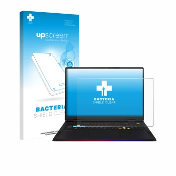Face avant d’un emballage produit avec le logo de la marque upscreen. À côté, l’appareil MSI Raider 18 HX AI 2025 est représen