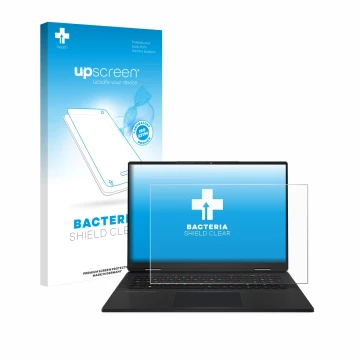 Face avant d’un emballage produit avec le logo de la marque upscreen. À côté, l’appareil MSI Titan 18 HX AI 2025 est représent