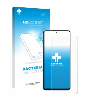 Face avant d’un emballage produit avec le logo de la marque upscreen. À côté, l’appareil Xiaomi Redmi Note 14 5G est représent