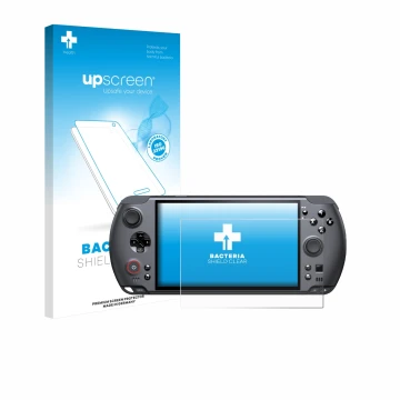 Face avant d’un emballage produit avec le logo de la marque upscreen. À côté, l’appareil GPD Win 5 est représenté avec la prot