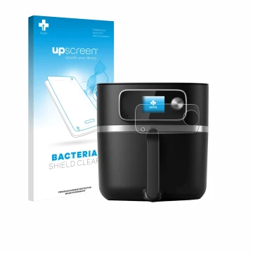 Face avant d’un emballage produit avec le logo de la marque upscreen. À côté, l’appareil Philips Airfryer HD9880/90 est représ