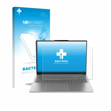 Face avant d’un emballage produit avec le logo de la marque upscreen. À côté, l’appareil Lenovo Yoga Pro 9 16IAH10 Non-Touch e