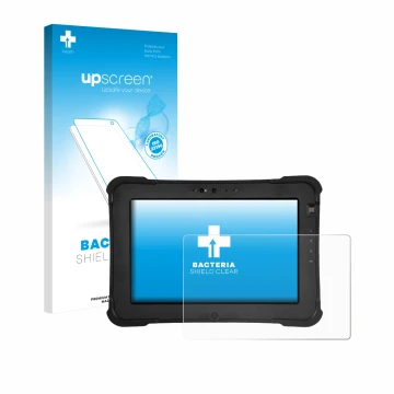 Face avant d’un emballage produit avec le logo de la marque upscreen. À côté, l’appareil Zebra XSlate L10ax est représenté ave