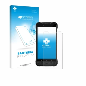 Face avant d’un emballage produit avec le logo de la marque upscreen. À côté, l’appareil Zebra Xplore M60 est représenté avec 