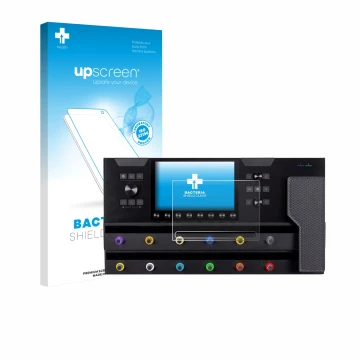 Face avant d’un emballage produit avec le logo de la marque upscreen. À côté, l’appareil Line 6 Helix Stadium XL est représent