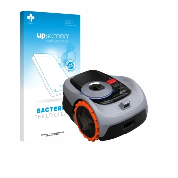 Face avant d’un emballage produit avec le logo de la marque upscreen. À côté, l’appareil Navimow i105E+ est représenté avec la