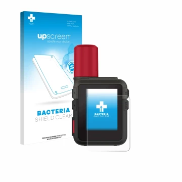 Face avant d’un emballage produit avec le logo de la marque upscreen. À côté, l’appareil Garmin inReach Mini 3 Plus est représ