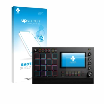 Face avant d’un emballage produit avec le logo de la marque upscreen. À côté, l’appareil Akai MPC Live III est représenté avec