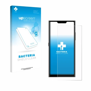 Face avant d’un emballage produit avec le logo de la marque upscreen. À côté, l’appareil Jolla Phone est représenté avec la pr
