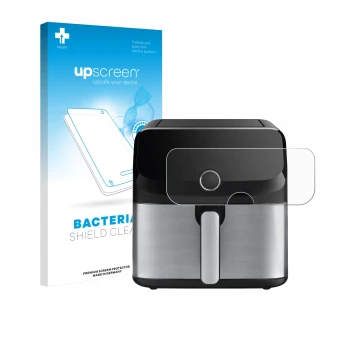 Face avant d’un emballage produit avec le logo de la marque upscreen. À côté, l’appareil Tefal Easy Fry Mega est représenté av