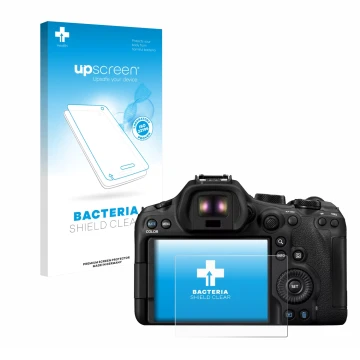 Face avant d’un emballage produit avec le logo de la marque upscreen. À côté, l’appareil Canon EOS R6 Mark III est représenté 