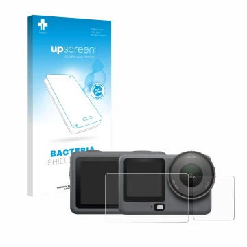 Face avant d’un emballage produit avec le logo de la marque upscreen. À côté, l’appareil DJI Osmo Action 6 est représenté avec