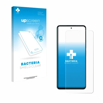 Face avant d’un emballage produit avec le logo de la marque upscreen. À côté, l’appareil Oppo A5 est représenté avec la protec