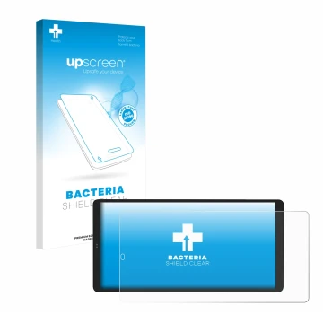 Face avant d’un emballage produit avec le logo de la marque upscreen. À côté, l’appareil Shelly Wall Display X2 est représenté
