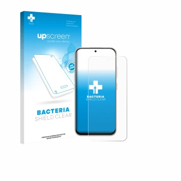 Face avant d’un emballage produit avec le logo de la marque upscreen. À côté, l’appareil Nubia V80 Pro est représenté avec la 