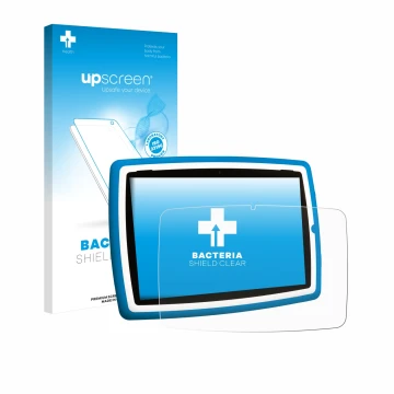 Face avant d’un emballage produit avec le logo de la marque upscreen. À côté, l’appareil Lisciani Mio Tab 10 Tutor XL est repr