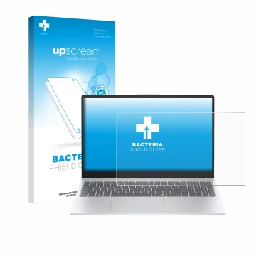 Face avant d’un emballage produit avec le logo de la marque upscreen. À côté, l’appareil HP OmniBook 3 14