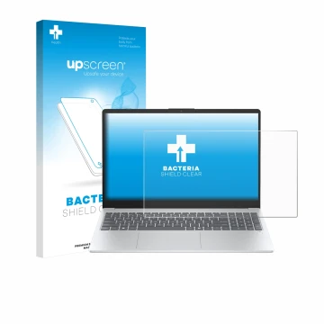Face avant d’un emballage produit avec le logo de la marque upscreen. À côté, l’appareil HP OmniBook 3 15
