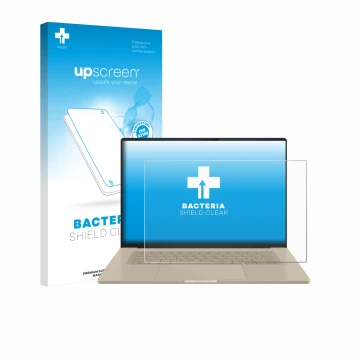 Face avant d’un emballage produit avec le logo de la marque upscreen. À côté, l’appareil ASUS ZenBook A16 UX3607 est représent