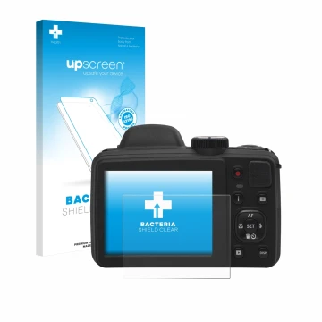 Face avant d’un emballage produit avec le logo de la marque upscreen. À côté, l’appareil Kodak Pixpro AZ405 est représenté ave