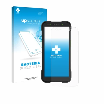 Face avant d’un emballage produit avec le logo de la marque upscreen. À côté, l’appareil Zebra TC701 est représenté avec la pr