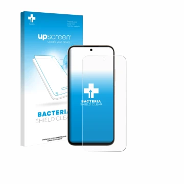 Face avant d’un emballage produit avec le logo de la marque upscreen. À côté, l’appareil Oppo A6t est représenté avec la prote