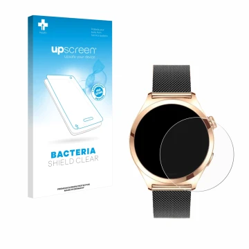 Face avant d’un emballage produit avec le logo de la marque upscreen. À côté, l’appareil Niolina Smartwatch 1.27