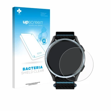 Face avant d’un emballage produit avec le logo de la marque upscreen. À côté, l’appareil Garmin Approach J1 est représenté ave