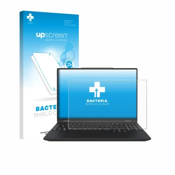 Face avant d’un emballage produit avec le logo de la marque upscreen. À côté, l’appareil Tuxedo InfinityBook Max 15 Gen 10 est