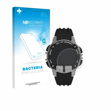 Face avant d’un emballage produit avec le logo de la marque upscreen. À côté, l’appareil Timex Ironman TW5M63200 est représent