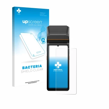 Face avant d’un emballage produit avec le logo de la marque upscreen. À côté, l’appareil Sunmi V3 A13 est représenté avec la p