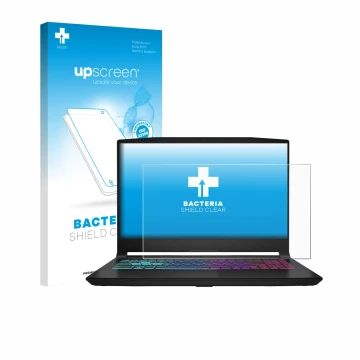 Face avant d’un emballage produit avec le logo de la marque upscreen. À côté, l’appareil MSI Katana 15 HX B14 est représenté a