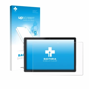 Face avant d’un emballage produit avec le logo de la marque upscreen. À côté, l’appareil Lisciani Mio Tab 10