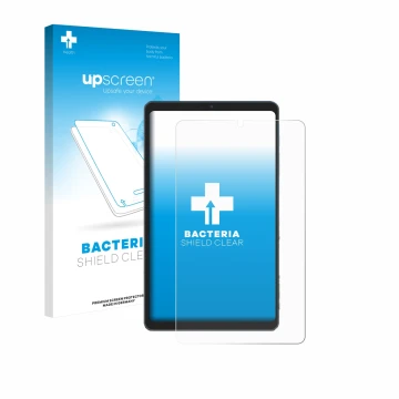 Face avant d’un emballage produit avec le logo de la marque upscreen. À côté, l’appareil Chuwi AuPad Mini est représenté avec 