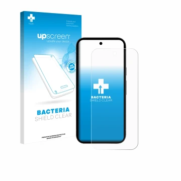 Face avant d’un emballage produit avec le logo de la marque upscreen. À côté, l’appareil Google Pixel 10a est représenté avec 