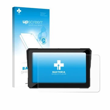 Face avant d’un emballage produit avec le logo de la marque upscreen. À côté, l’appareil Carpuride W702 Plus 7