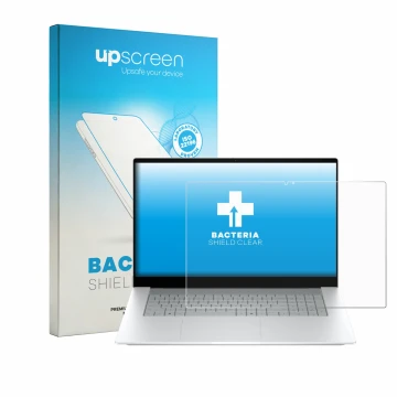 Face avant d’un emballage produit avec le logo de la marque upscreen. À côté, l’appareil HP OmniBook X 17-de0776ngx est représ