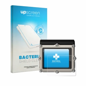 Face avant d’un emballage produit avec le logo de la marque upscreen. À côté, l’appareil Shearwater Petrel 3 dive computer est