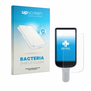 Face avant d’un emballage produit avec le logo de la marque upscreen. À côté, l’appareil Datalogic Joya Smart & Smart+ est rep