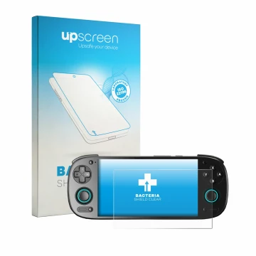 Face avant d’un emballage produit avec le logo de la marque upscreen. À côté, l’appareil Retroid Pocket 5 est représenté avec 