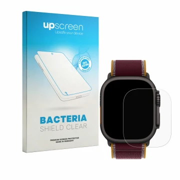 Face avant d’un emballage produit avec le logo de la marque upscreen. À côté, l’appareil Apple Watch Ultra 4 (49 mm) est repré