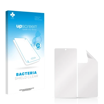 Face avant d’un emballage produit avec le logo de la marque upscreen. À côté se trouve la protection d’écran correspondante.