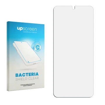 Face avant d’un emballage produit avec le logo de la marque upscreen. À côté se trouve la protection d’écran correspondante.