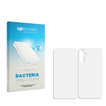 Face avant d’un emballage produit avec le logo de la marque upscreen. À côté se trouve la protection d’écran correspondante.
