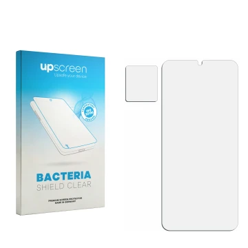 Face avant d’un emballage produit avec le logo de la marque upscreen. À côté se trouve la protection d’écran correspondante.