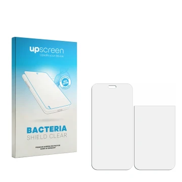 Face avant d’un emballage produit avec le logo de la marque upscreen. À côté se trouve la protection d’écran correspondante.