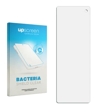 Face avant d’un emballage produit avec le logo de la marque upscreen. À côté se trouve la protection d’écran correspondante.