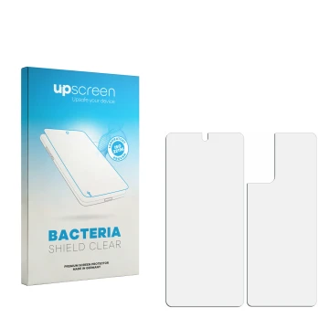 Face avant d’un emballage produit avec le logo de la marque upscreen. À côté se trouve la protection d’écran correspondante.