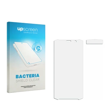 Face avant d’un emballage produit avec le logo de la marque upscreen. À côté se trouve la protection d’écran correspondante.